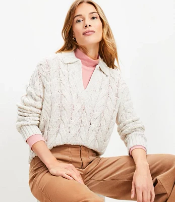 Flecked Collared Split Neck Cable Sweater