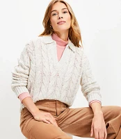 Flecked Collared Split Neck Cable Sweater