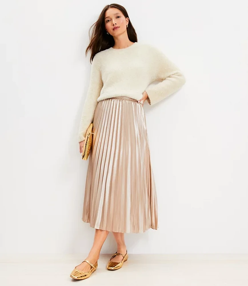 Foiled Satin Pleated Midi Skirt