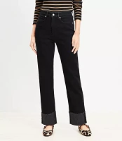 Petite Flip Cuff High Rise Straight Jeans Washed Black