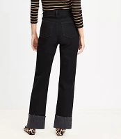 Petite Flip Cuff High Rise Straight Jeans Washed Black