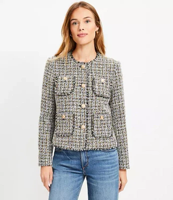 Petite Metallic Fringe Tweed Collarless Jacket