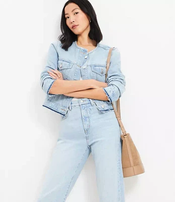 Collarless Denim Jacket Destructed Light Wash