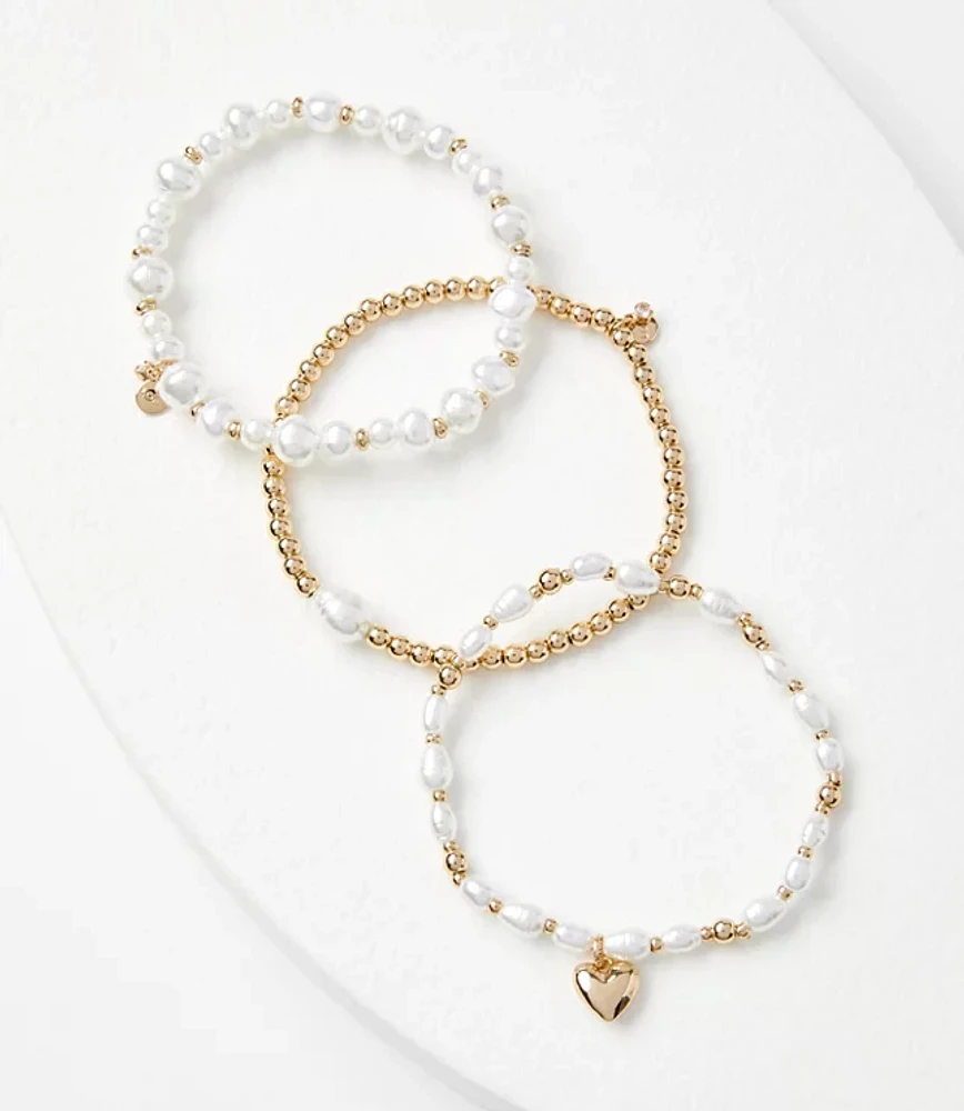 Pearlized Heart Charm Stretch Bracelet Set