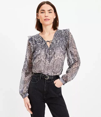 Ornamental Floral Shirred Tie Neck Blouse