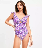 LOFT Beach Paisley Cutout Ruffle Sleeve One Piece Swimsuit