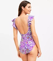 LOFT Beach Paisley Cutout Ruffle Sleeve One Piece Swimsuit