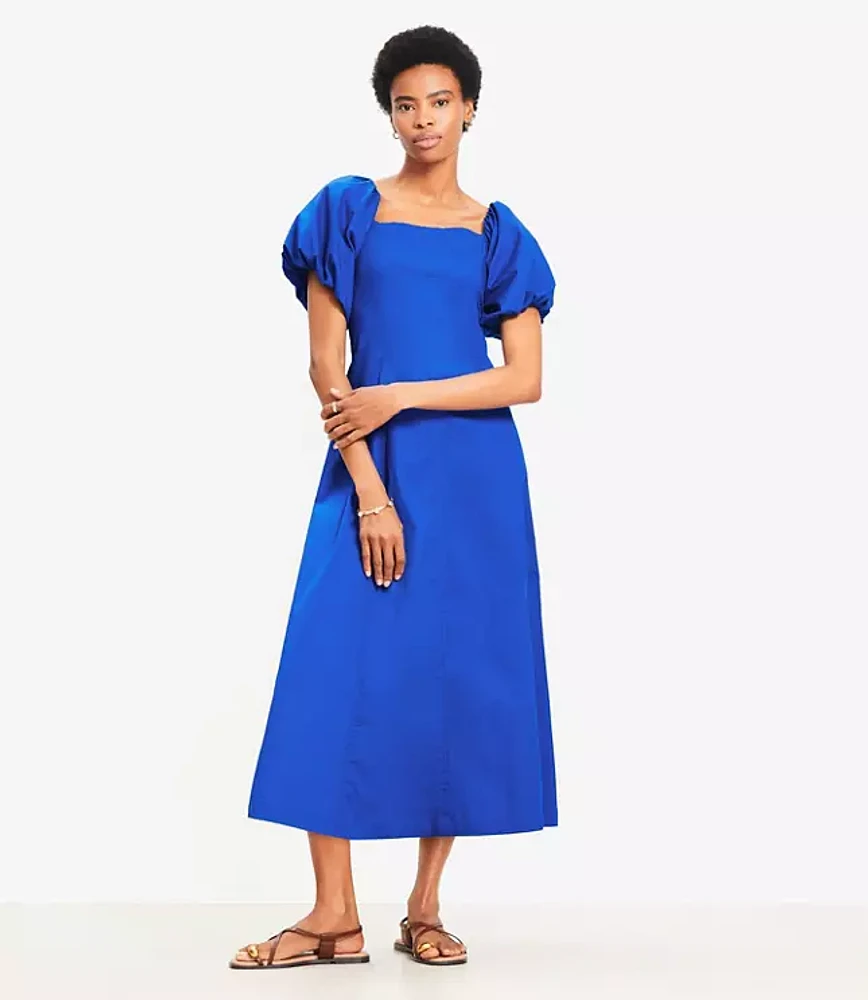 Seamed Puff Sleeve Midi Pocket Dress