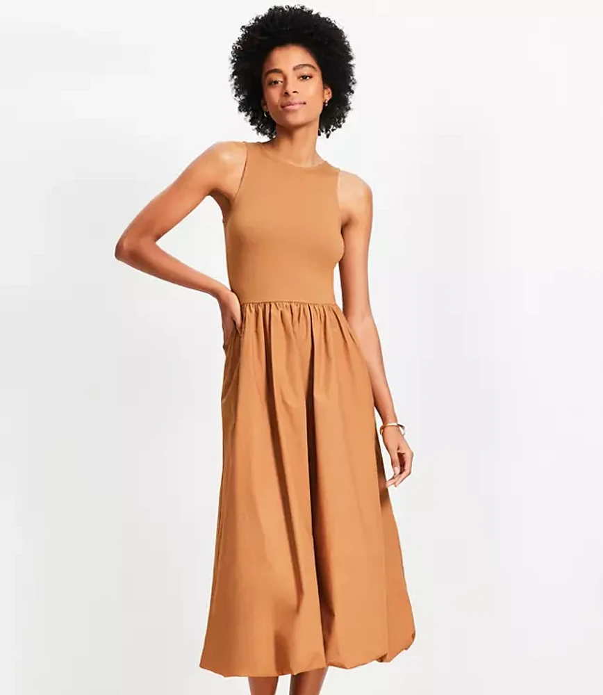 Poplin Bubble Mixed Media Midi Dress