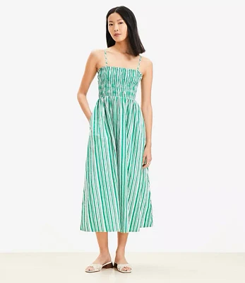 Striped Poplin Smocked Strappy Maxi Dress