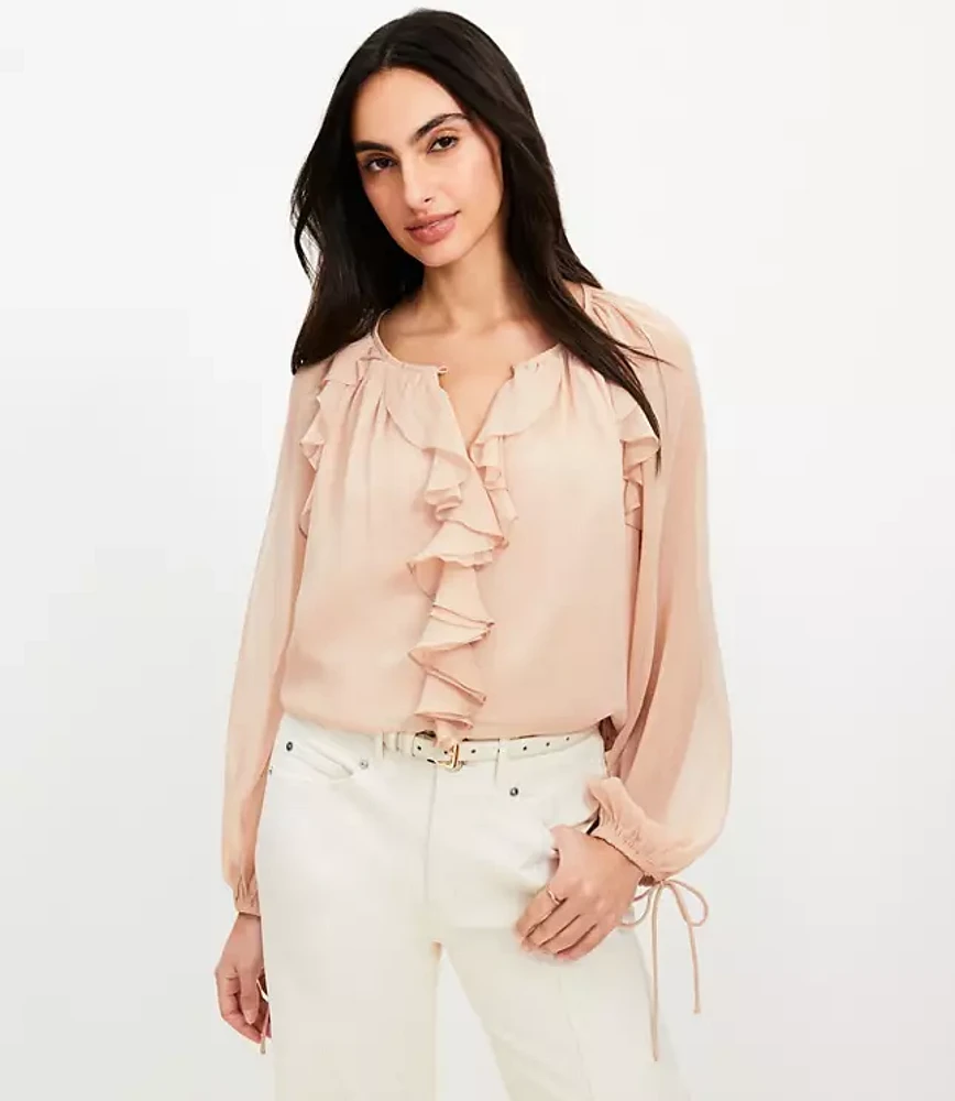 Petite Chiffon Ruffle Tie Cuff Blouse