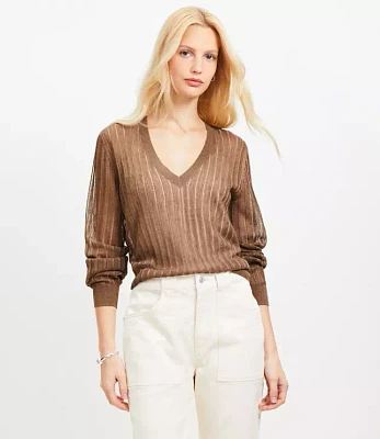 Sheer Ribbed V-Neck Sweater