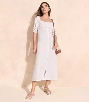 Shirred Linen Blend Button Midi Dress