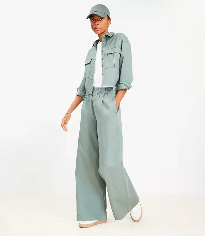 Petite Pleated Pull On Wide Leg Pants Twill