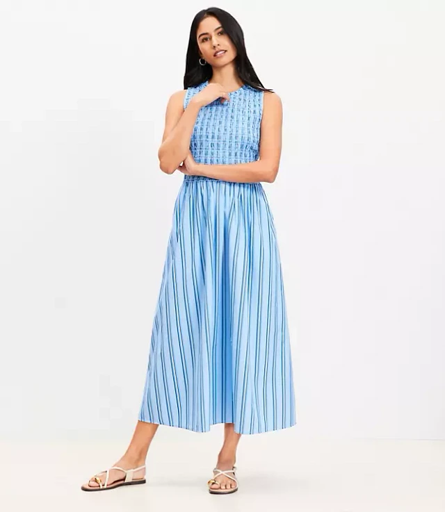 striped poplin smocked midi pocket dress Casual Going Out Fitted Navy/White Stripe/L Midi Dresses Sleeveless Square Neck Women Dresses OGLmove