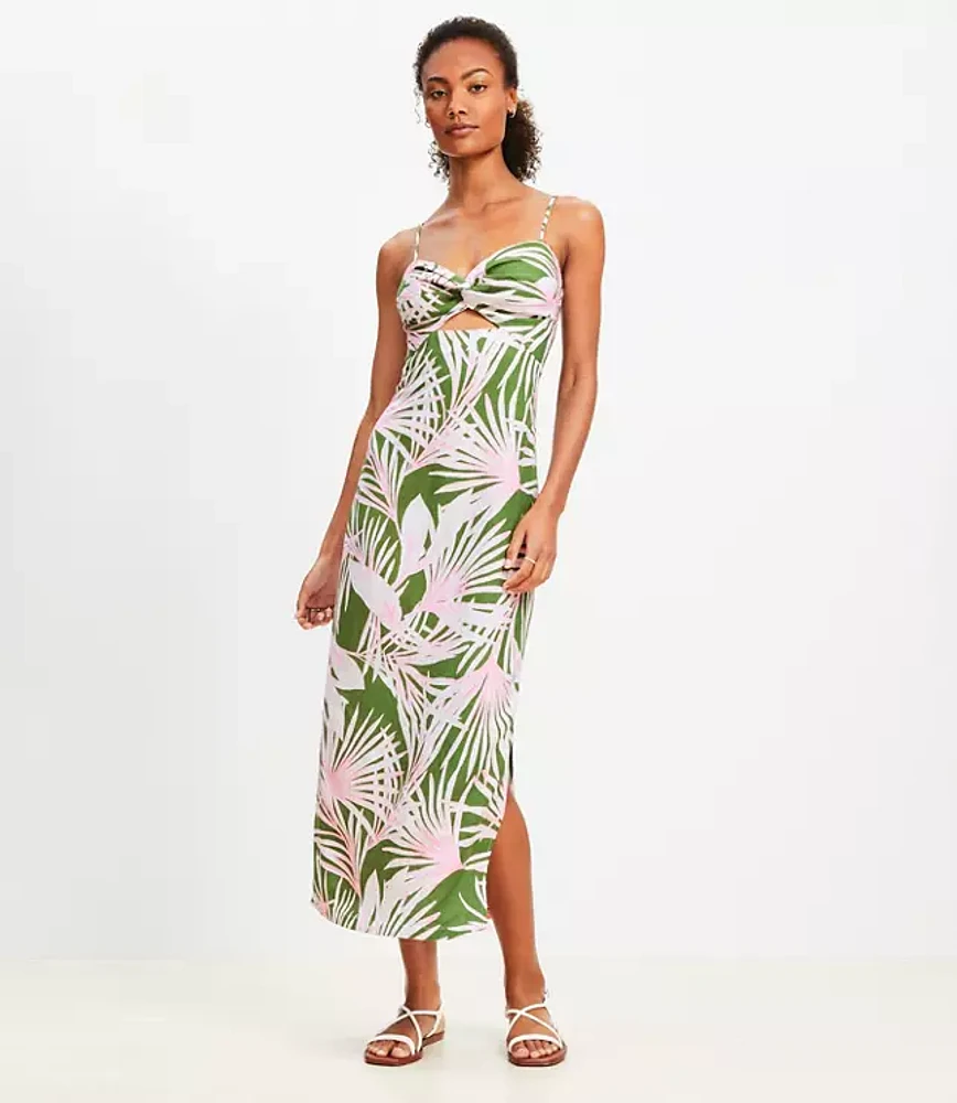 LOFT Beach Island Frond Linen Blend Cutout Twist Midi Dress