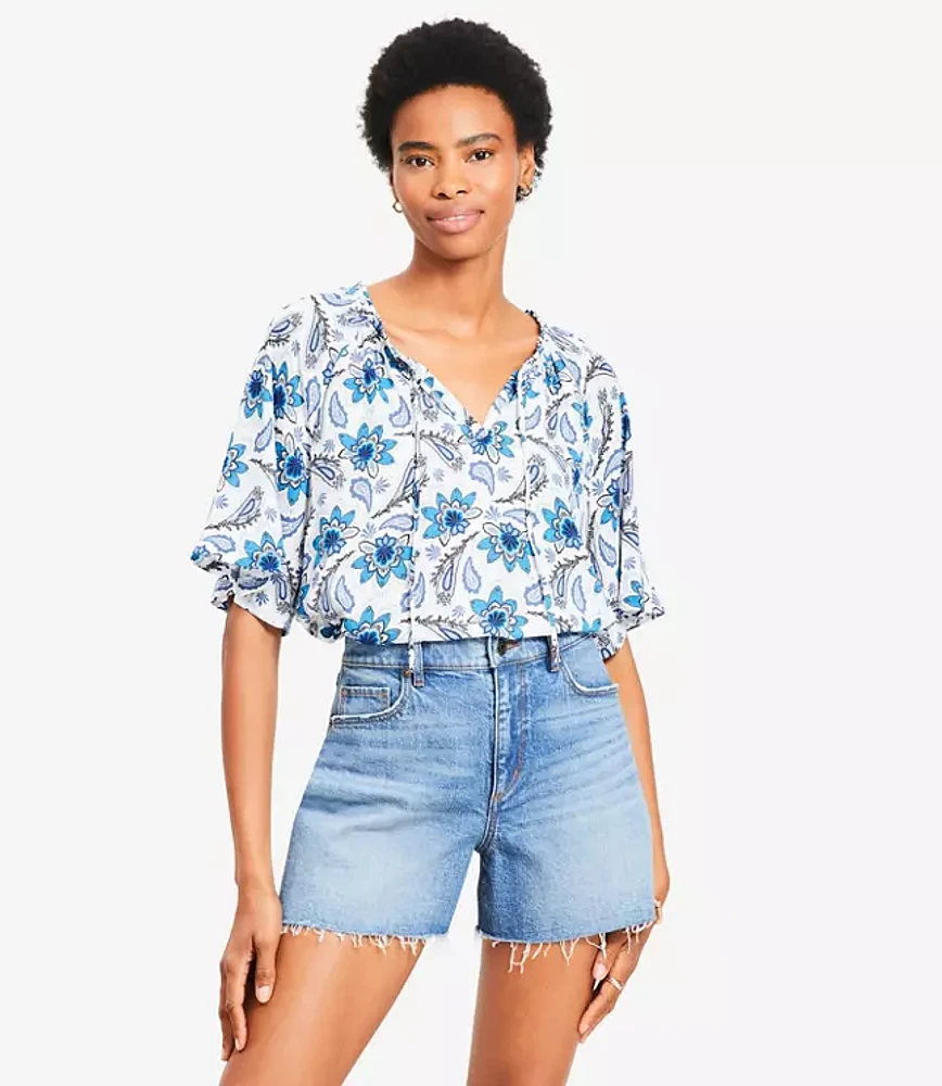 Paisley Tie Neck Mixed Media Blouse