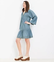 Petite Chambray Tie Neck Mini Flounce Dress