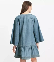 Petite Chambray Tie Neck Mini Flounce Dress