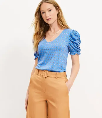 Paisley Ruffle Cinched Sleeve V-Neck Top
