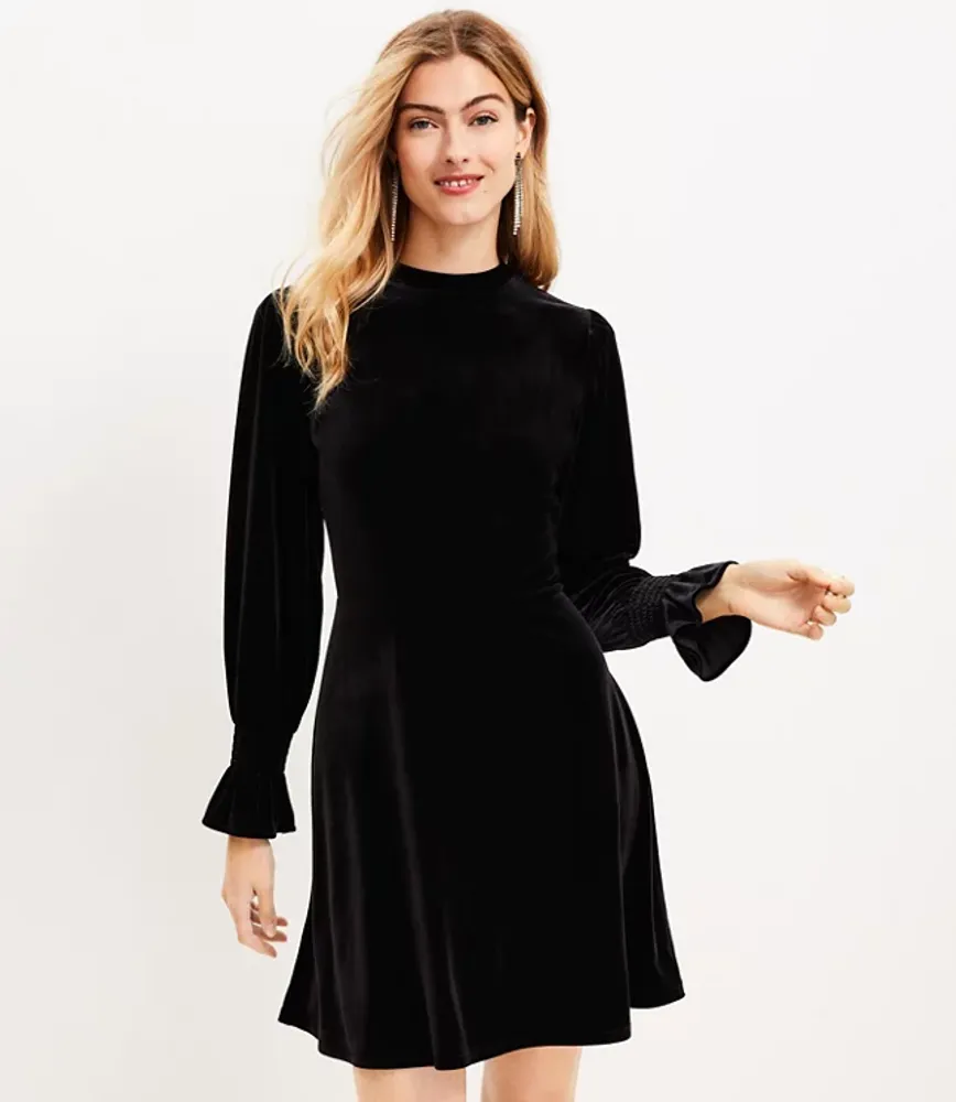 Velvet Smocked Ruffle Cuff Flare Dress