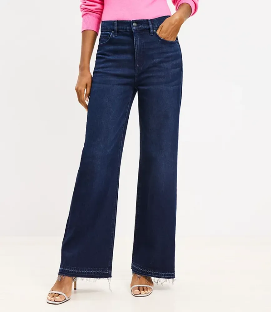 Unpicked Hem High Rise Wide Leg Jeans Rinse Overdye Wash