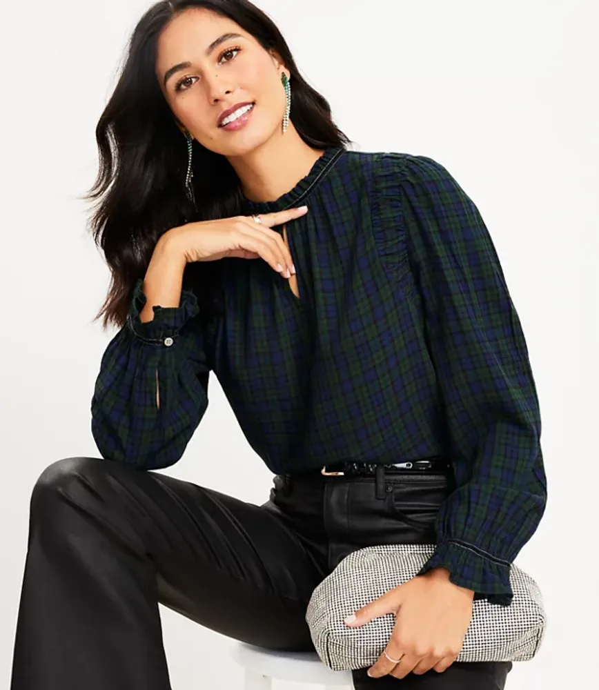 Plaid Ruched Ruffle Neck Blouse