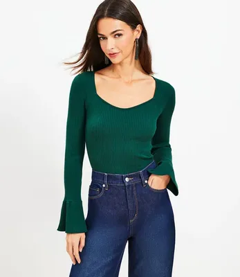 Ribbed Sweetheart Neck Flare Cuff Sweater