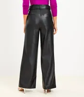 Petite Belted Wide Leg Pants Faux Leather