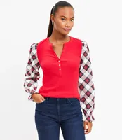 Plaid Henley Mixed Media Top