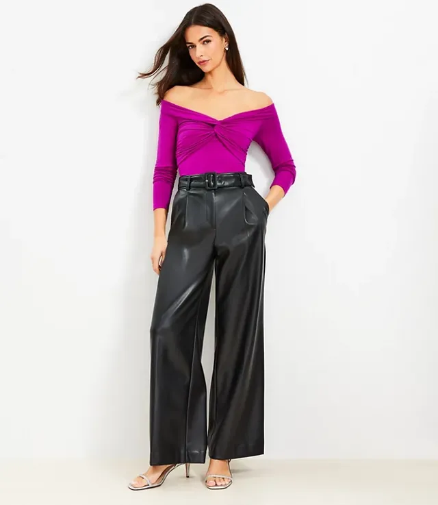 LOFT Petite Palmer Wide Leg Crop Pants Faux Leather