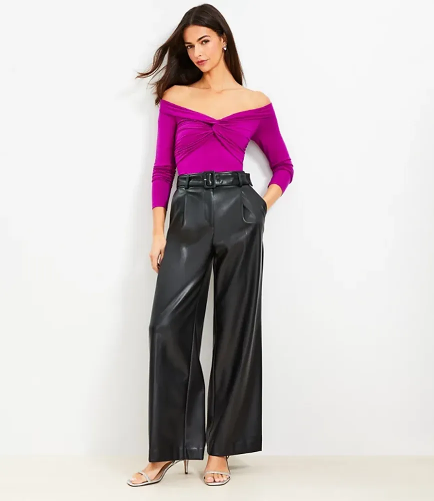 Belted Wide Leg Pants Faux Leather