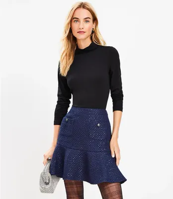 Petite Sequin Tweed Button Pocket Flounce Skirt
