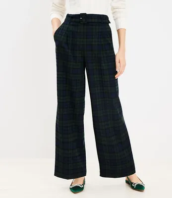 Belted Wide Leg Pants Plaid Brushed Flannel