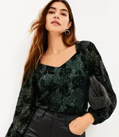 Petite Sequin Flocked Sweetheart Neck Blouse