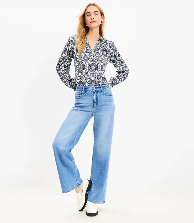 Loft Petite Cuffed High Rise Wide Leg Crop Jeans Bright Indigo