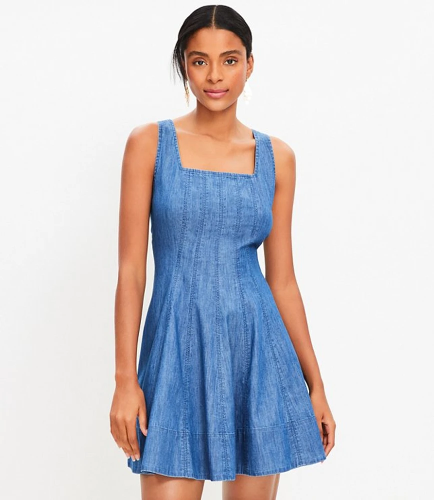 Chambray Seamed Mini Flare Dress