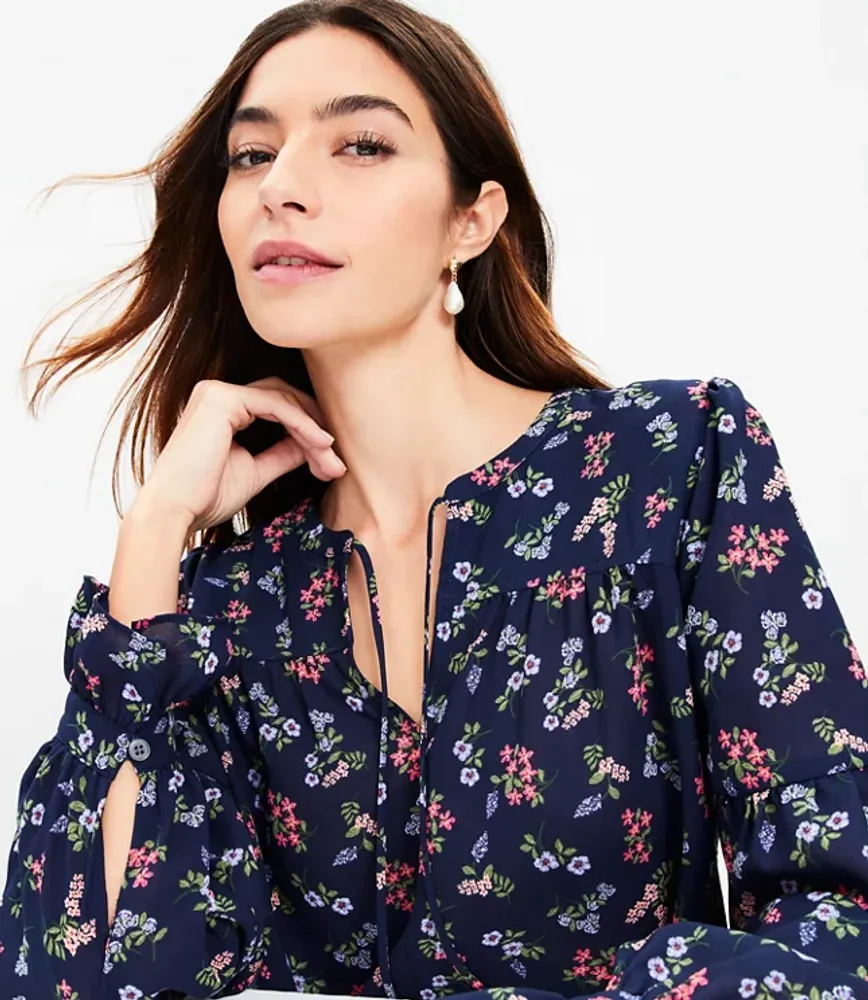 Floral Ruffle Cuff Tie Neck Blouse