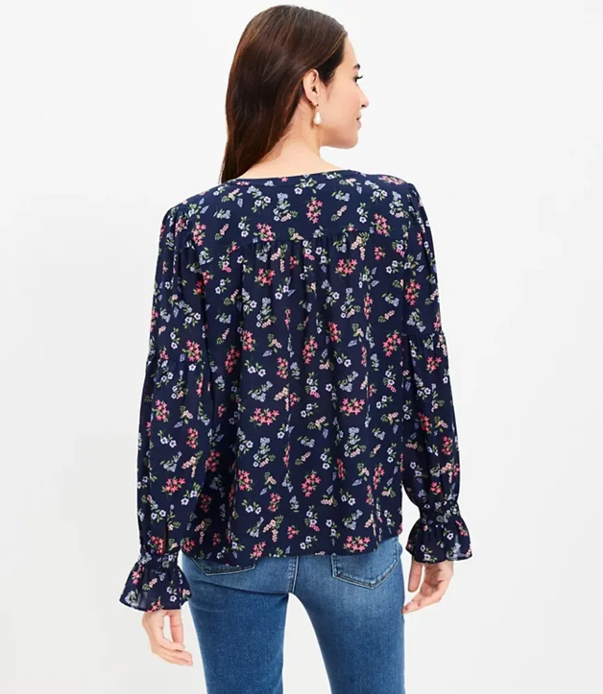 Floral Ruffle Cuff Tie Neck Blouse