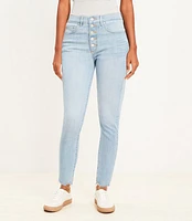 Curvy Destructed Button Front High Rise Skinny Jeans Light Wash