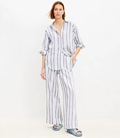 Pull On Wide Leg Pants Striped Linen