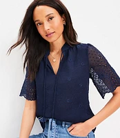 Petite Clip Eyelet Modern Tie Neck Blouse