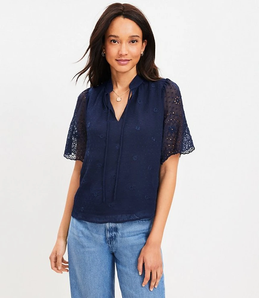 Petite Clip Eyelet Modern Tie Neck Blouse