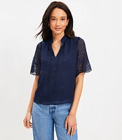 Petite Clip Eyelet Modern Tie Neck Blouse