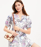 Paisley Linen Blend Belted Puff Sleeve Dress