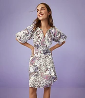 Paisley Linen Blend Belted Puff Sleeve Dress