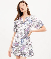 Paisley Linen Blend Belted Puff Sleeve Dress