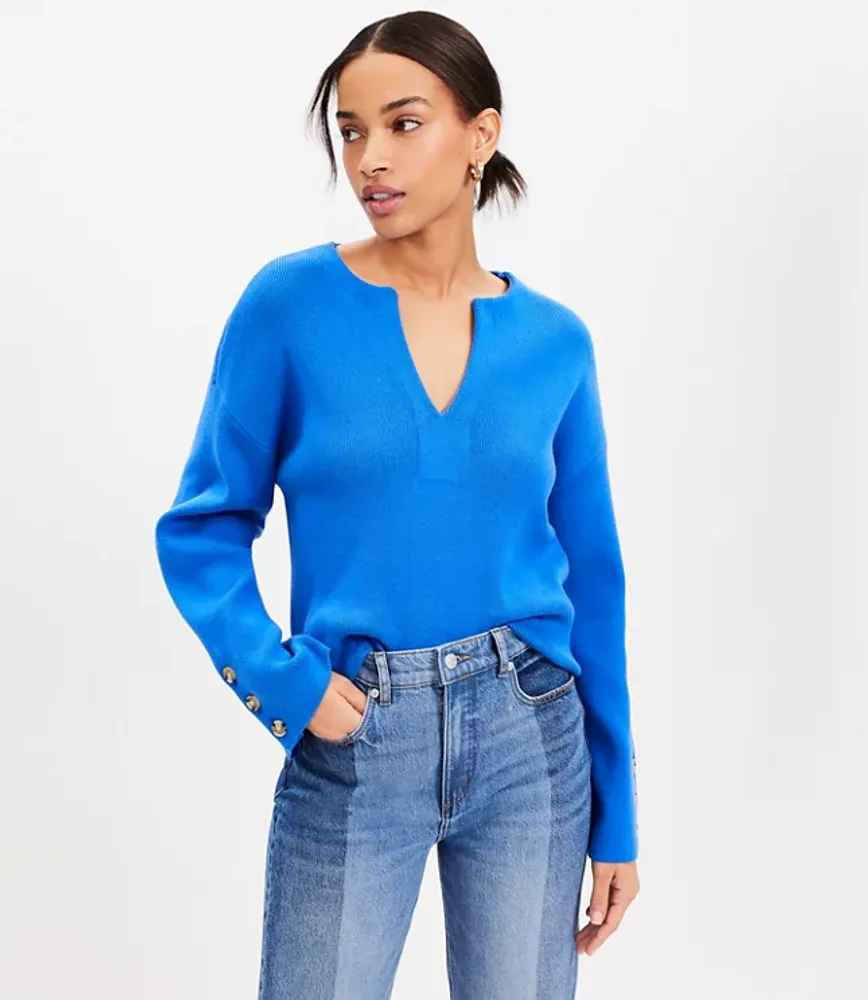 Loft Petite Button Sleeve Split Neck Sweater