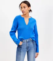 Loft Petite Ribbed Button Neck Flare Sleeve Sweater