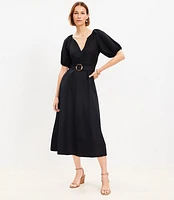 Linen Blend Belted Puff Sleeve Dress